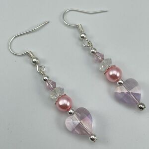 Silver Plated Pink Glass Heart Beaded Dangle Earrings Artisan New Boho Cute